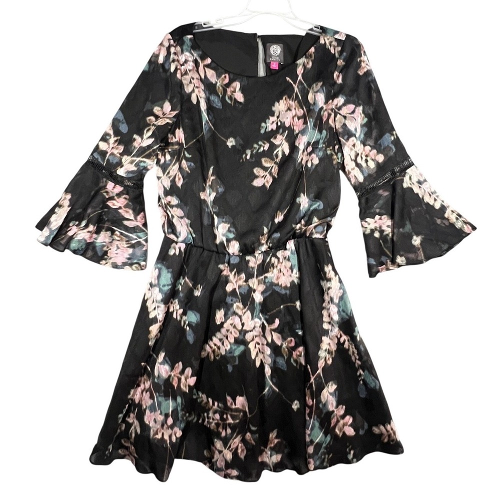 Vince Camuto Women's Black‎ Floral Bell Sleeve Dress Size 12 Polyester
